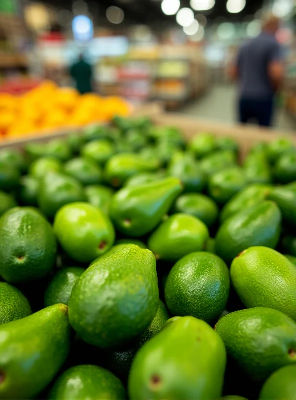 A close-up shot of ripe avocados in a grocery store display.