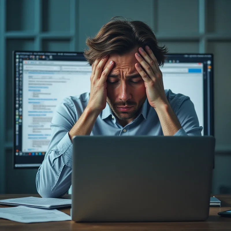 A despondent-looking person sitting in front of a computer, presumably searching for jobs online.