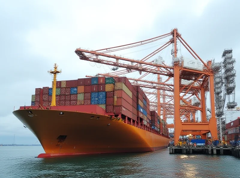 A close-up shot of a container ship at a busy port, with containers stacked high and cranes moving them around. The sky is overcast, hinting at economic uncertainty.