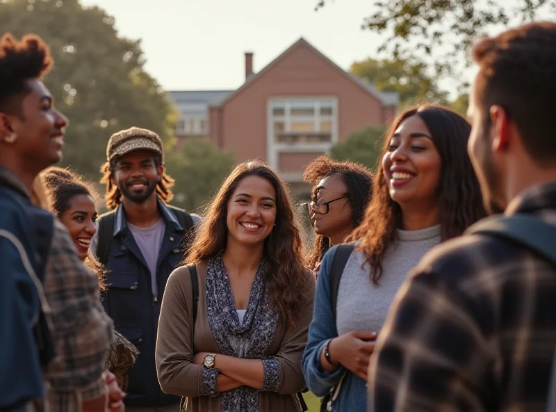 A diverse group of international students smiling and talking together on a US college campus with a university building in the background.