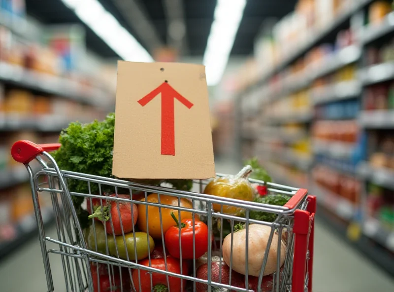 Image of a shopping cart filled with goods with a price tag showing an increase.