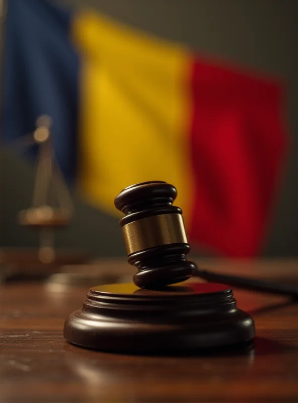 A gavel and a Romanian flag on a table