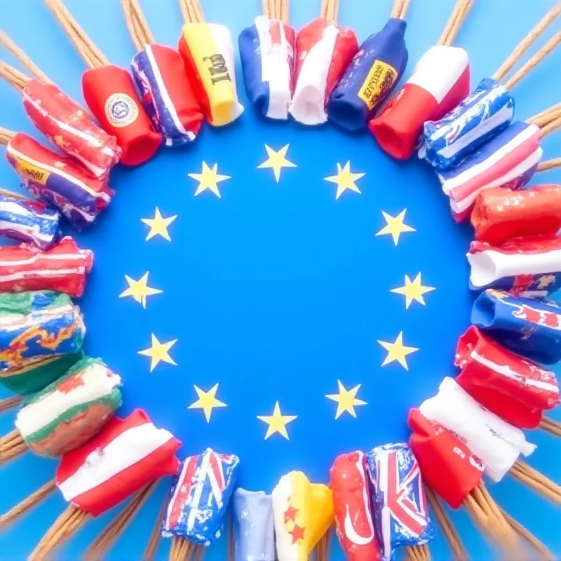 The flags of the European Union arranged in a circle