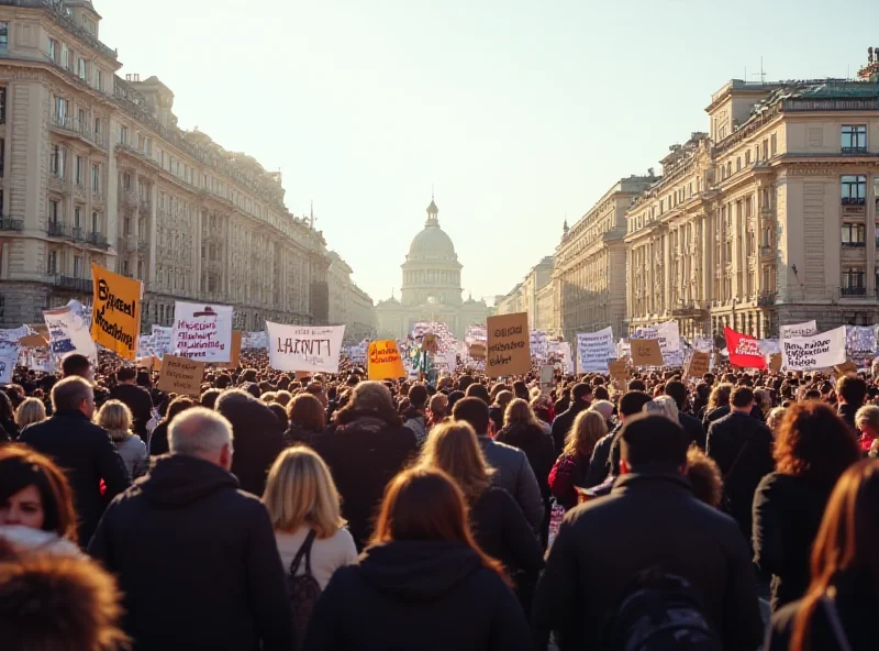 A large crowd of protesters in Bucharest holding signs and banners