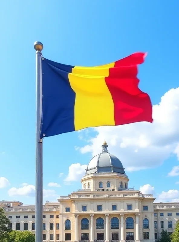 A Romanian flag waving in front of the Romanian Parliament building in Bucharest