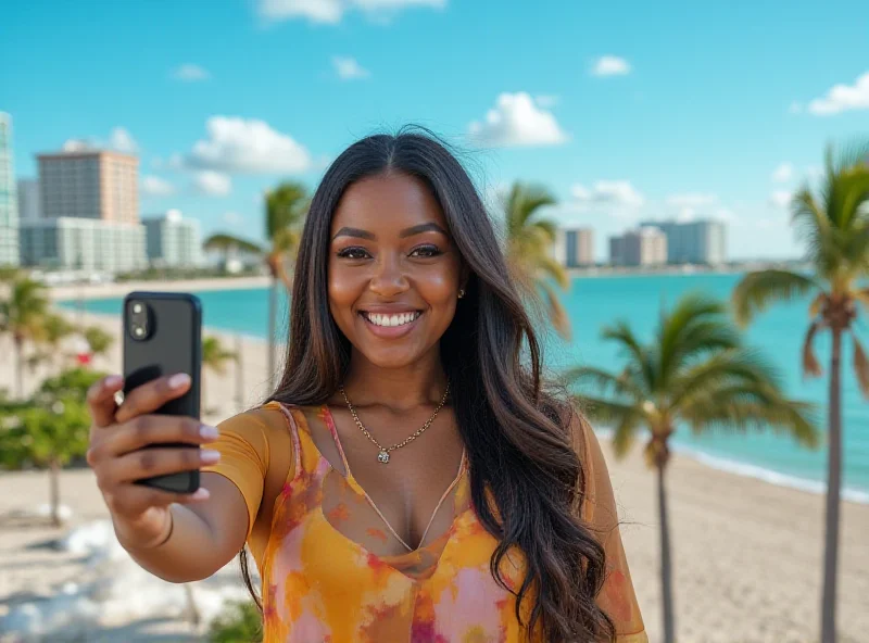 McKinley Richardson smiling brightly in front of a vibrant Miami skyline, holding a phone and seemingly recording a TikTok video.