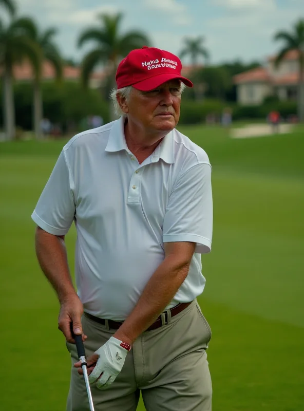 Donald Trump on a golf course, limping slightly and holding a golf club.