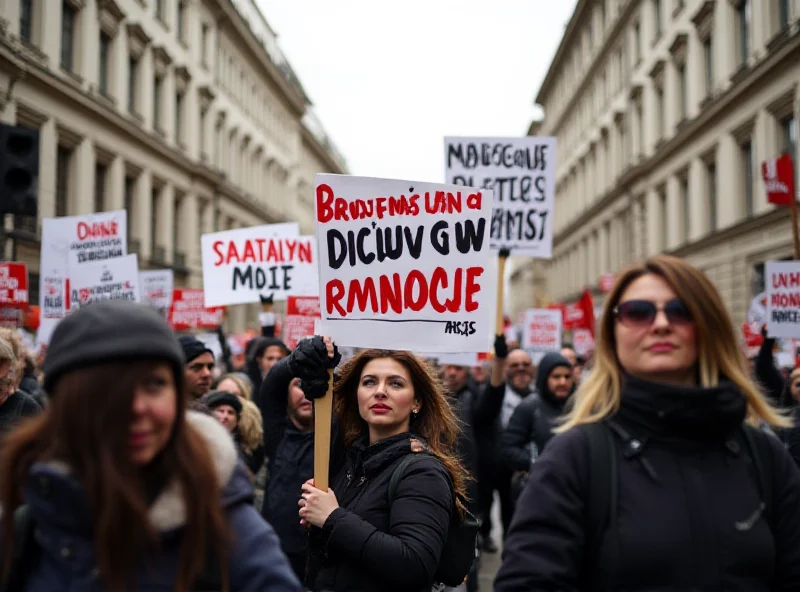 Protestors holding signs in Bucharest.