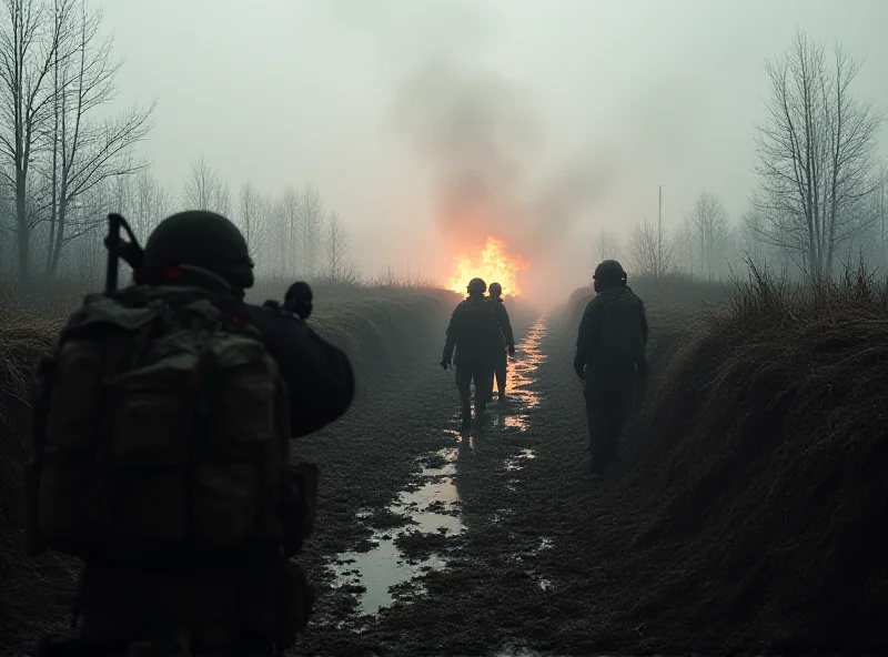 View of the frontline in Ukraine, with explosions in the distance and soldiers in trenches