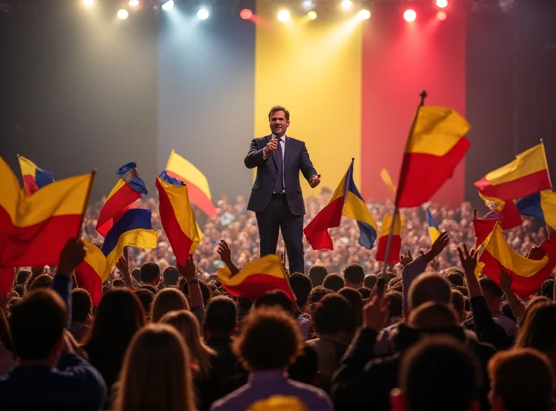 Crowd of people at a political rally in Romania, holding up flags and signs supporting Calin Georgescu