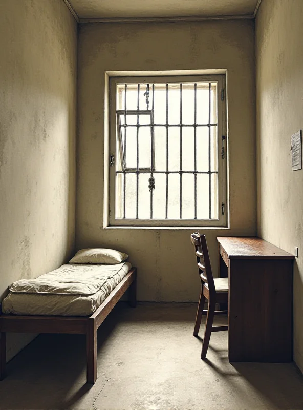 A French prison cell with a bed, desk, and barred window.