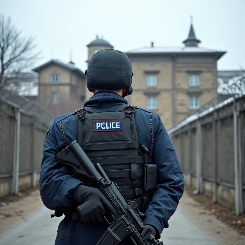 A police officer stands guard outside a French prison.