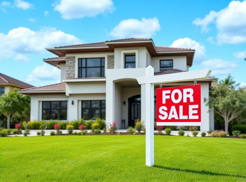 Exterior of a modern house with a 'For Sale' sign in the yard, bathed in warm sunlight.