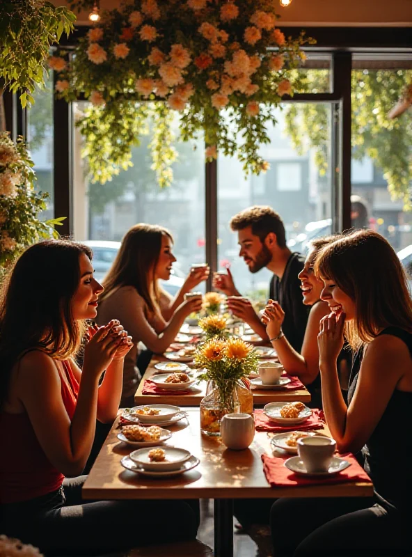 A vibrant cafe scene with people enjoying coffee and pastries on a sunny day. The cafe has a modern, inviting atmosphere.