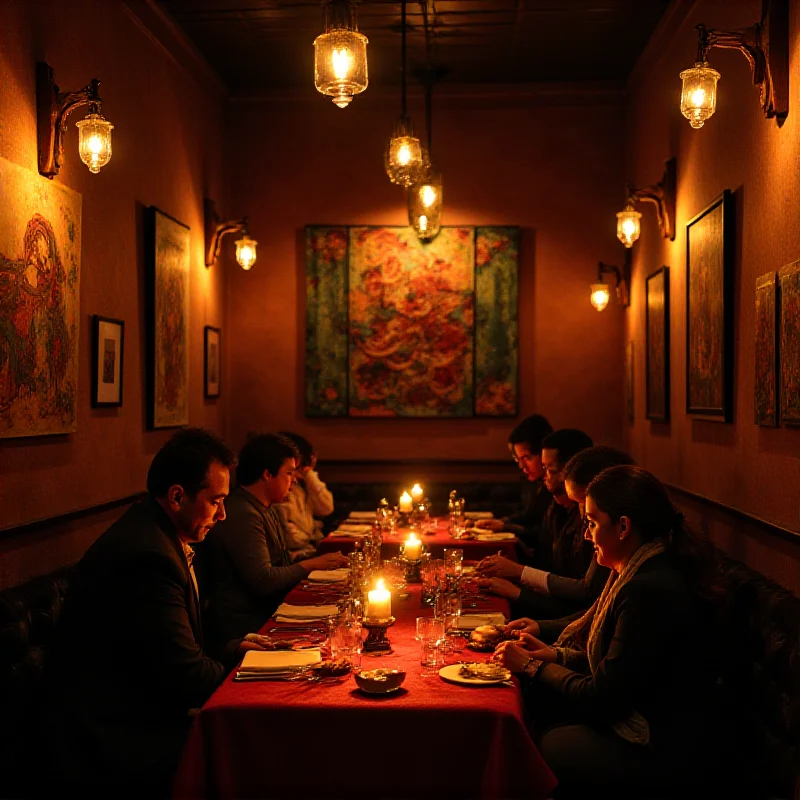 Interior of a warmly lit Nepalese restaurant with traditional decorations. Diners are seated at tables, enjoying their meals. The atmosphere is inviting and intimate.