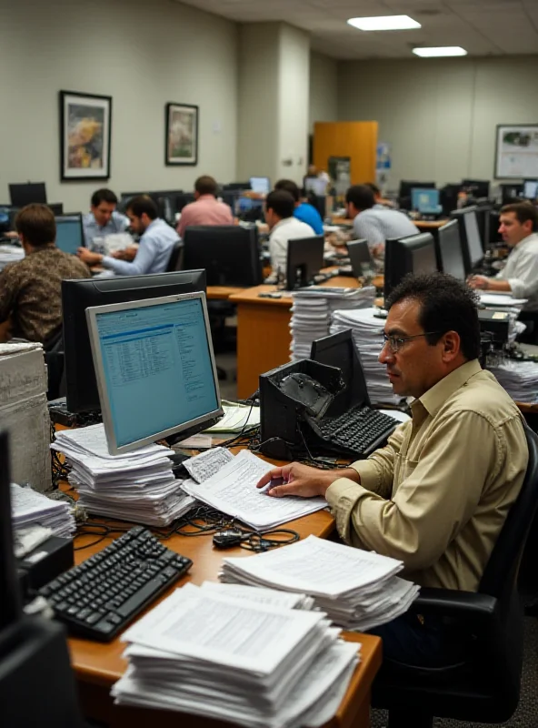 Busy IRS office with workers processing tax returns.