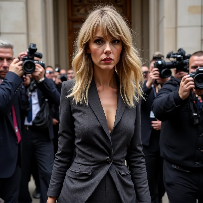 Taylor Swift walking into a courthouse, surrounded by photographers and security.