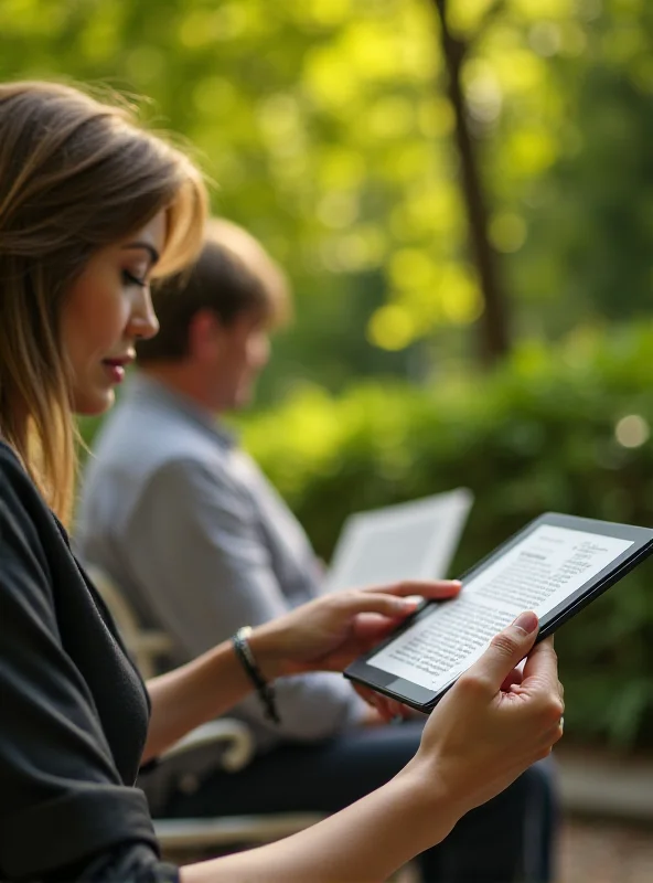 Person holding the TCL NXTPAPER 11 Plus tablet while reading a book outdoors, showcasing its portability and readability in different lighting conditions.