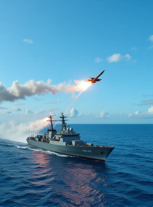 A sleek, low-cost cruise missile launching from a naval vessel in the Pacific Ocean, with a backdrop of distant islands and a clear blue sky. The missile is depicted in mid-flight, leaving a trail of smoke and fire.