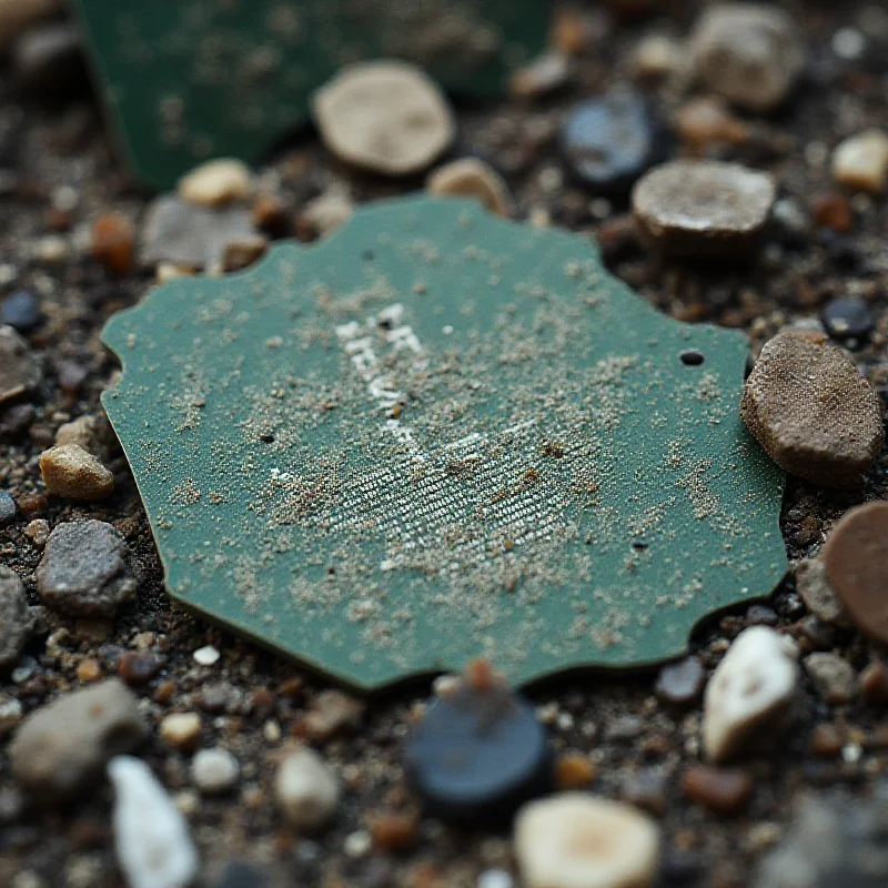 A close-up photo of a discarded TSMC wafer lying in a dumpster, surrounded by other discarded materials. The wafer is partially covered in dirt and debris, but the intricate patterns of the microchips are still visible.