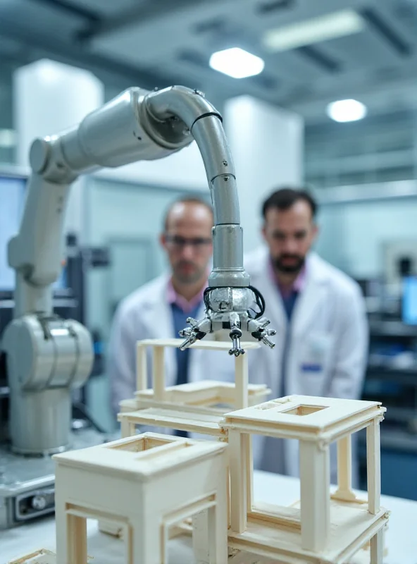 Robotic arm constructing a building module in a laboratory setting