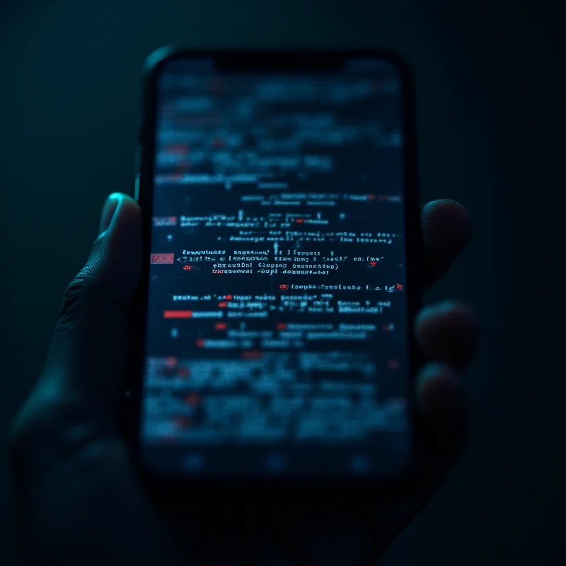 Close-up photo of a smartphone with encrypted data represented as complex code