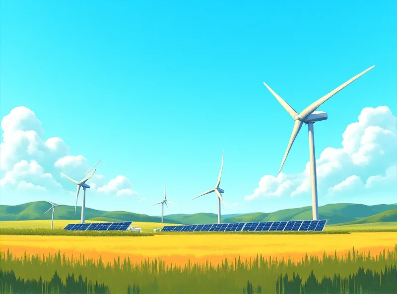 Illustration of wind turbines and solar panels.