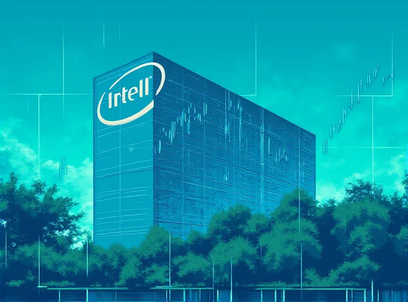 Illustration of Intel headquarters in Santa Clara, California, with stock charts in the background.