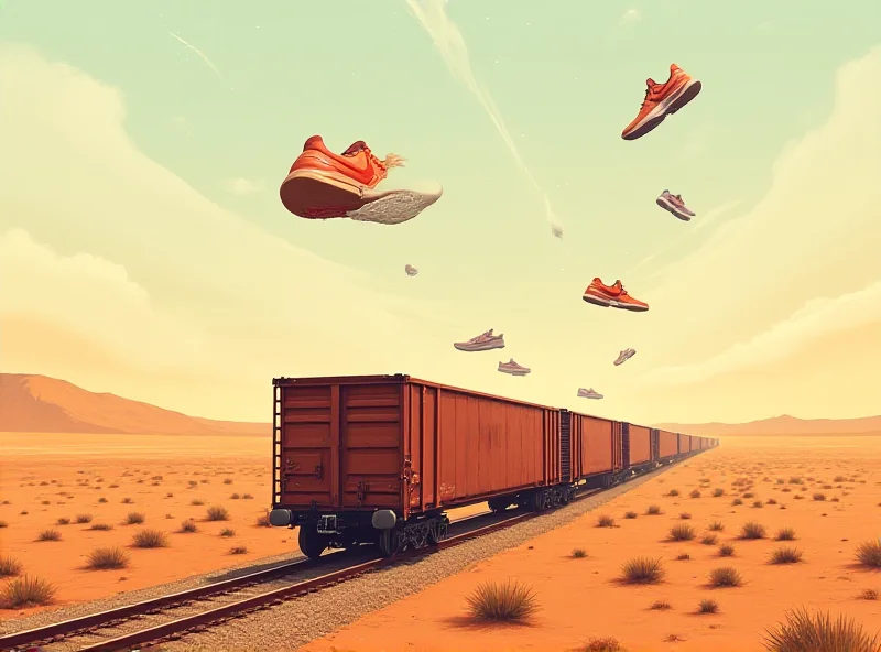 Illustration of freight train traveling through a desert landscape, with a subtle overlay of Nike sneakers in the sky.