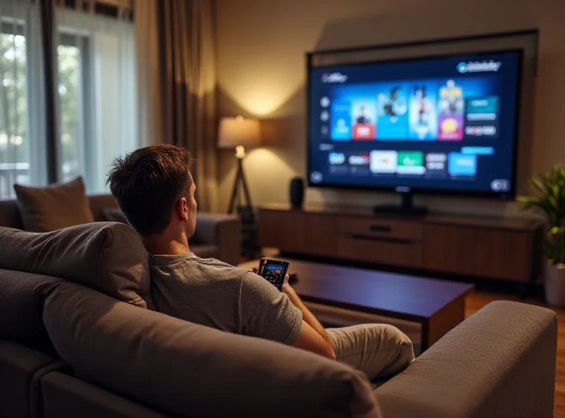 A person watching streaming services on a large screen television in a modern living room. 