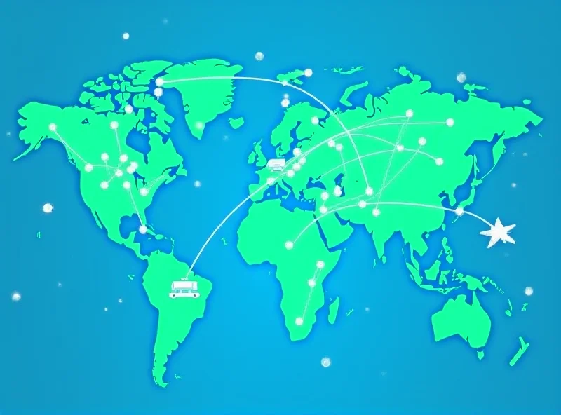 Conceptual image of global supply chain with interconnected nodes and lines representing logistics and transportation. 