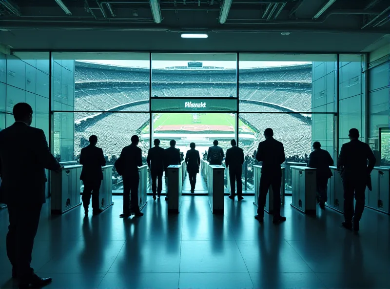 A modern, sleek access control gate system at a large stadium entrance, with people passing through seamlessly and security personnel monitoring the system. The SU Group logo is subtly displayed.