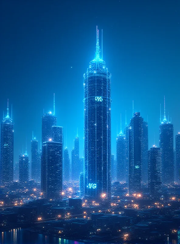 A futuristic cityscape with 5G network towers emitting signals, symbolizing the advancement of 5G technology in a modern urban environment in the Middle East.