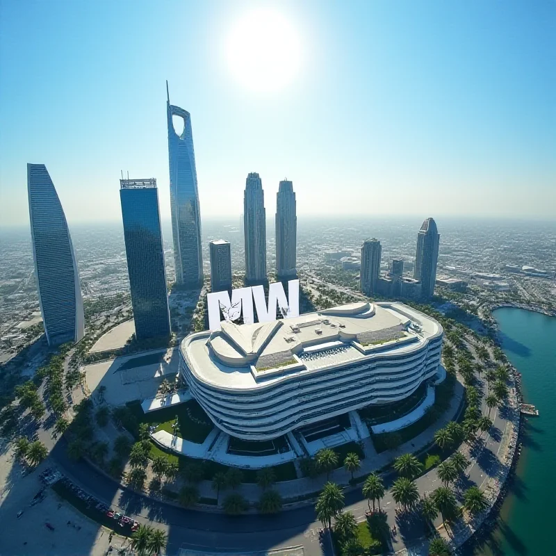 Aerial view of Doha's skyline with modern buildings and a prominent convention center, with the MWC logo subtly overlaid, representing the upcoming Mobile World Congress edition in the city.