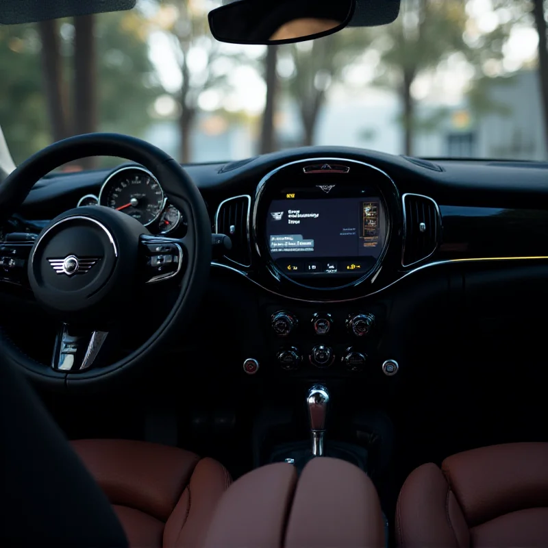 Close-up of the interior of a Mini Cooper, focusing on the dashboard and steering wheel. The interior is modern and stylish, with a large central display and comfortable-looking seats. The lighting is soft and inviting.