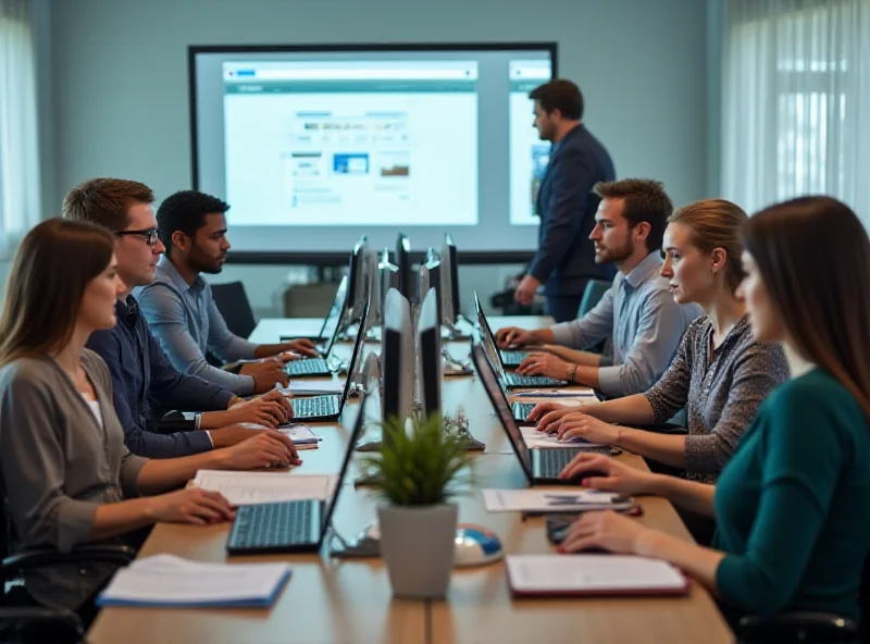 Employees receiving training on computers