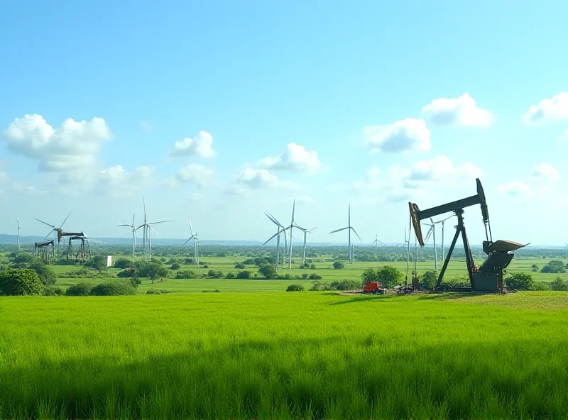 Ugandan landscape with oil derricks and solar panels