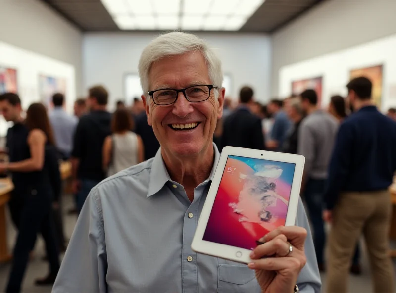 Tim Cook smiling, holding an iPad Air, with a MacBook Air visible in the background. The scene is a bright, modern Apple Store.