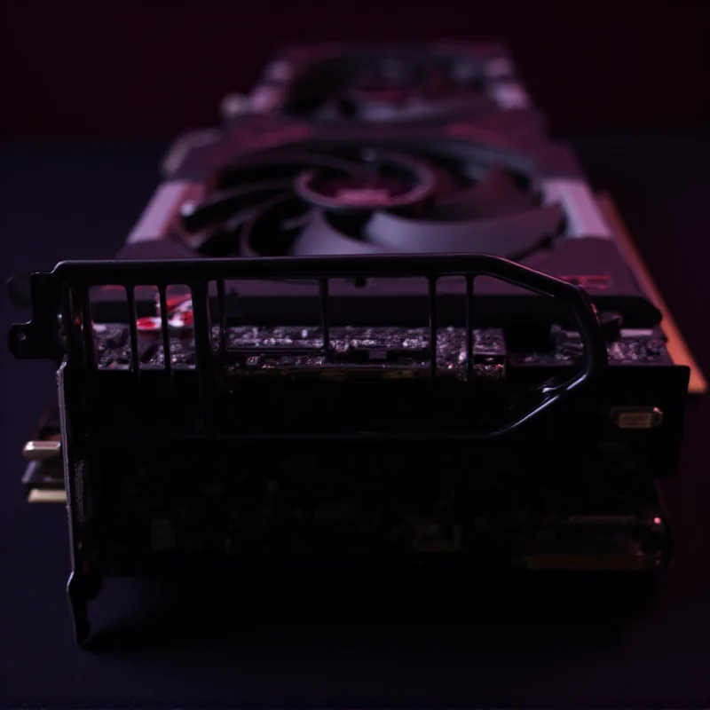 Close-up shot of the AMD Radeon RX 9070 XT graphics card, showcasing its intricate design and cooling system. The lighting is dramatic, highlighting the card's features.