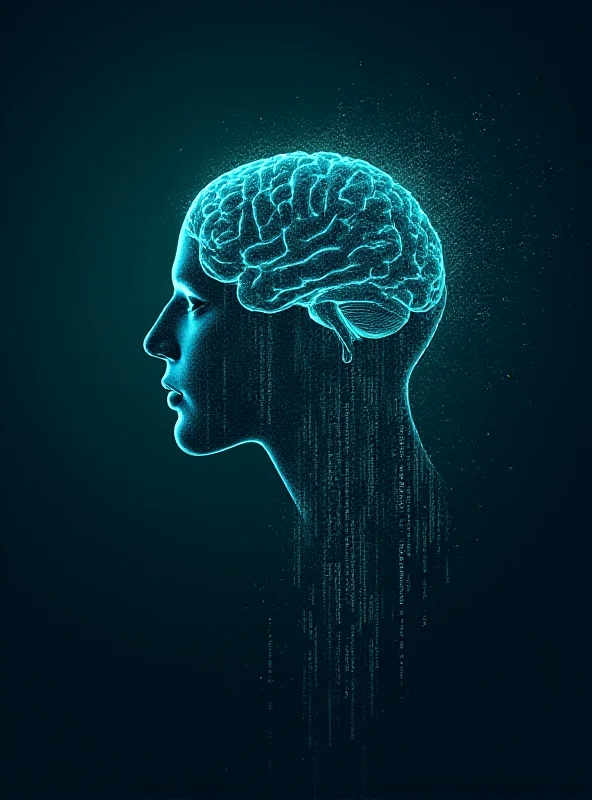 An abstract image representing the concept of artificial intelligence and code, with binary code flowing around a stylized brain.