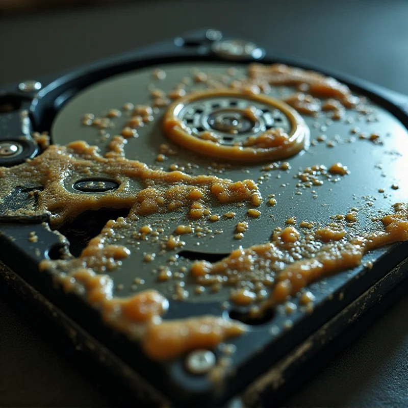 A close-up photo of an old hard drive with visible signs of gooey rubber deterioration, focusing on the sticky residue.