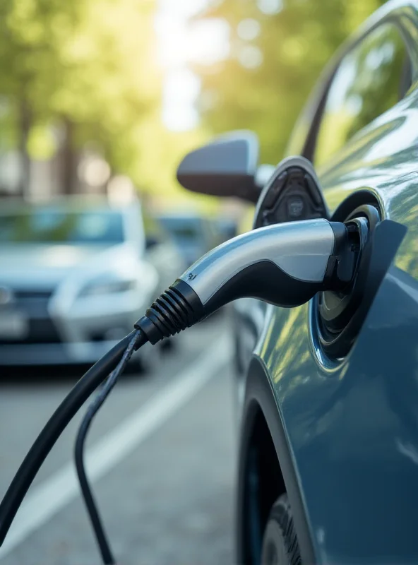 Electric car charging at a public charging station, with focus on the charging cable and port.