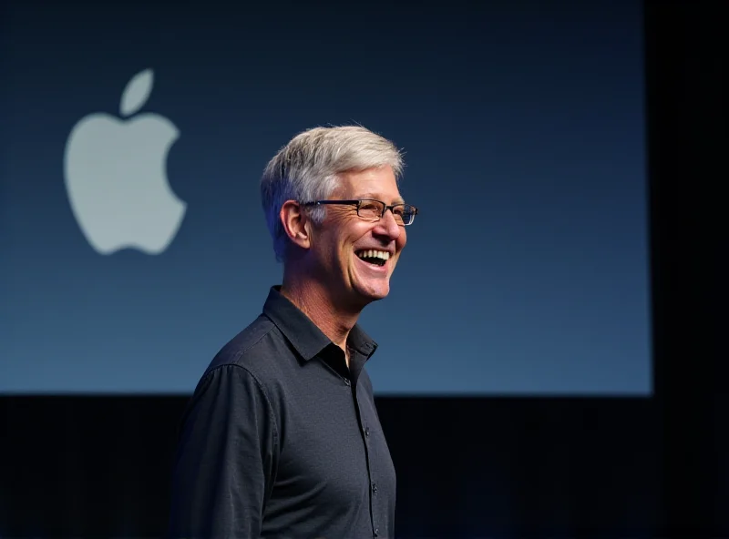 Tim Cook on stage at an Apple event, smiling slightly with a screen behind him displaying the Apple logo.