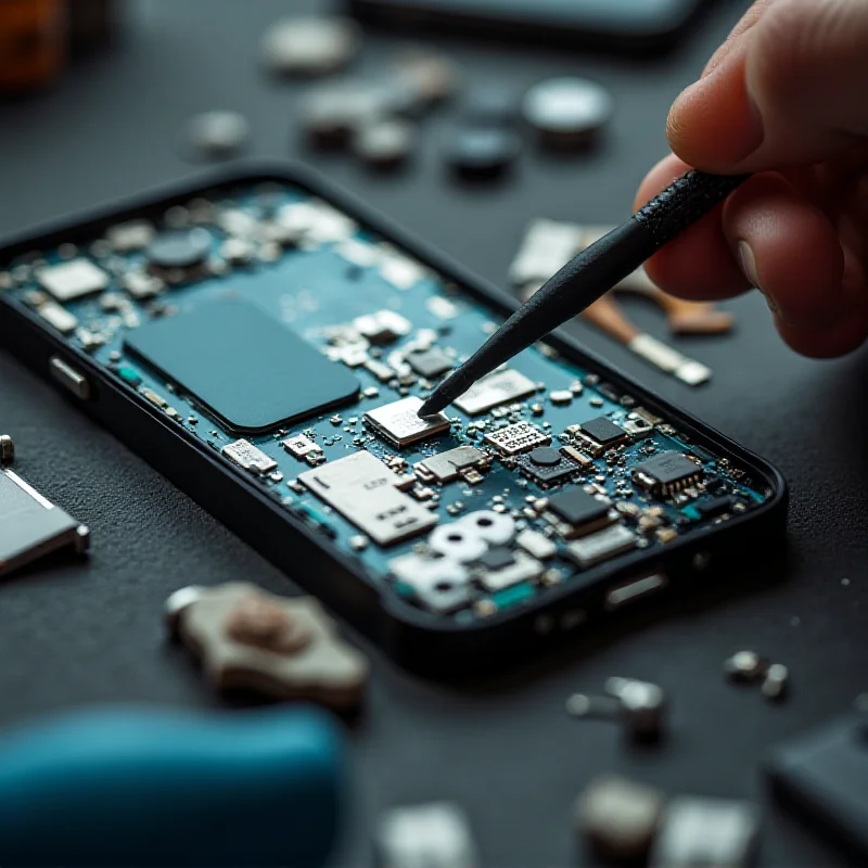 Close-up shot of an iPhone 16e being disassembled on a workbench, with various tools and components visible.