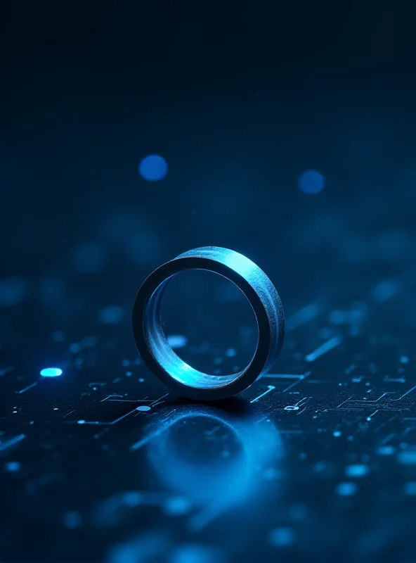 A sleek, silver smart ring is displayed prominently against a dark, high-tech background. The ring is emitting a faint blue light, hinting at its advanced capabilities and futuristic design. The background is blurred to keep the focus on the ring.