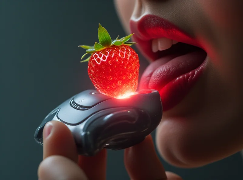 Close-up of a futuristic device being held near a person's tongue, with a holographic image of a strawberry floating above it.