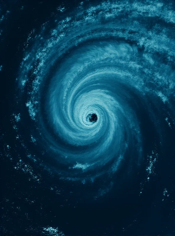 Satellite image of a swirling tropical cyclone over the ocean near the coast of Queensland, Australia. Brisbane is visible as a cluster of lights in the distance.