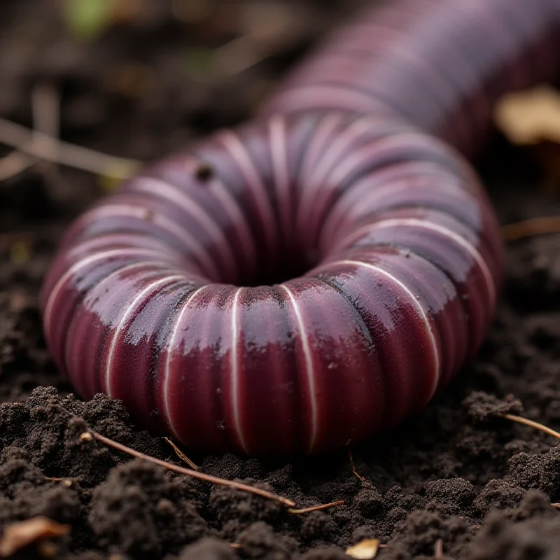 A close-up photo of a giant Gippsland earthworm, showing its pink and purple coloration, as it emerges from moist soil in its natural habitat.