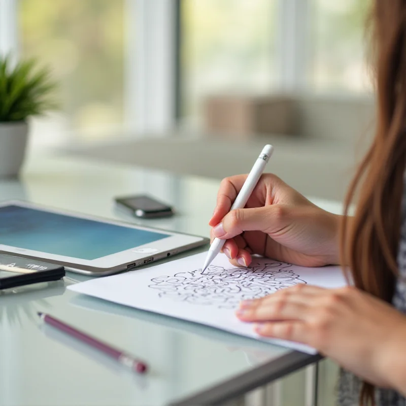 A person using an Apple Pencil Pro on an iPad mini 7 to sketch a digital drawing.