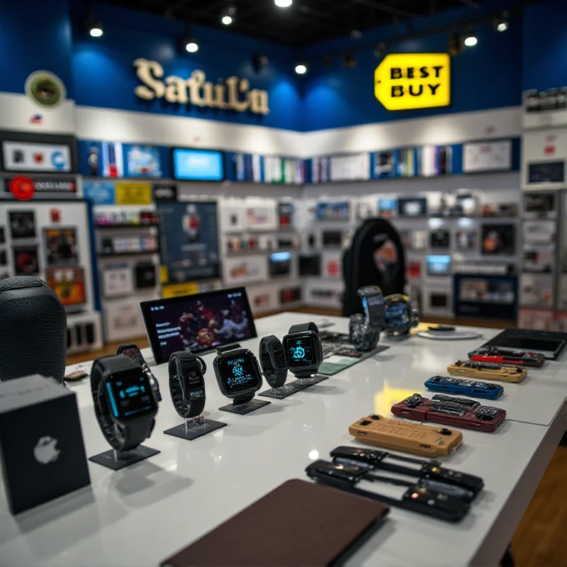 Various tech gadgets including smartwatches, headphones, and speakers on display at Best Buy Canada.